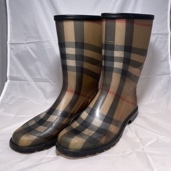 BURBERRY Rubber Rain Boots Women's Size 41 (11) US Plaid Nova Check - Picture 1 of 12